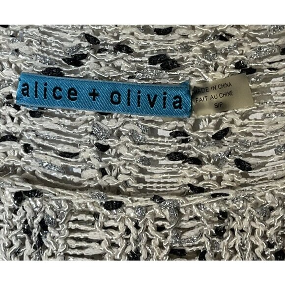 Alice +Olivia Ivory Black Silver Shimmery Crochet Knit Sweater Pullover Top - Picture 9 of 9